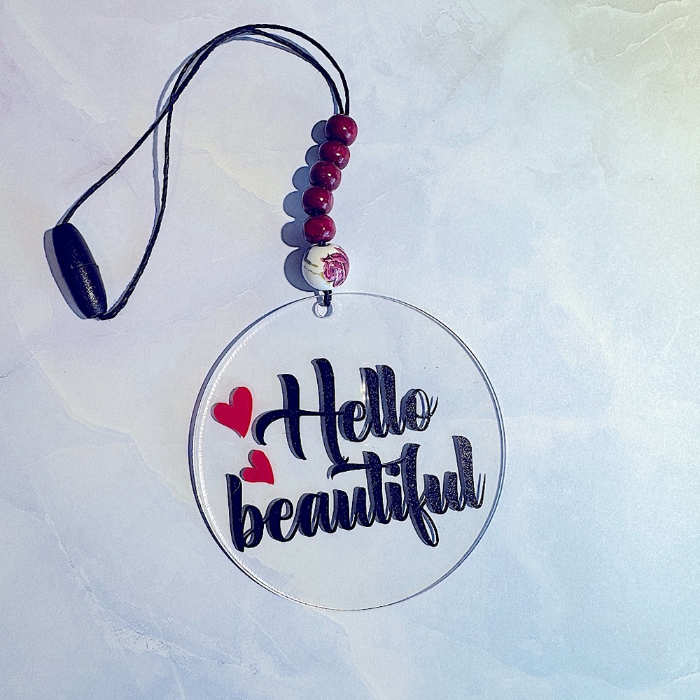 Car charm. Hang on your rear view mirror. Clear acrylic.